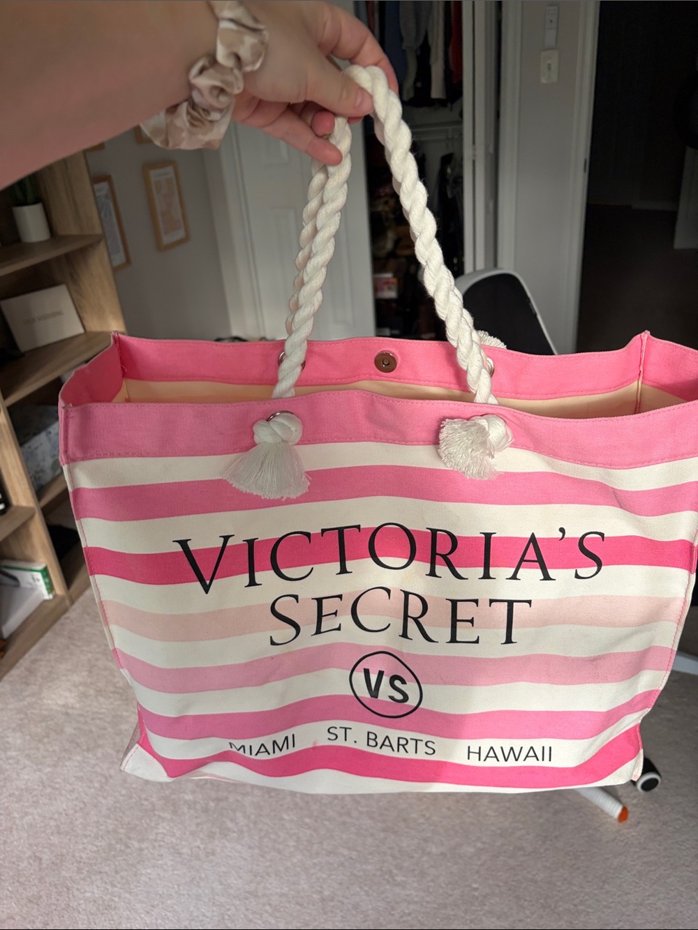 Victoria's Secret Pink & White Striped Rope-Handle Tote Bag